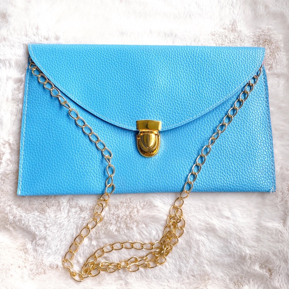 π§AQUA BLUE FAUX LEATHER ENVELOPE CLUTCH! - Picture 2 of 10